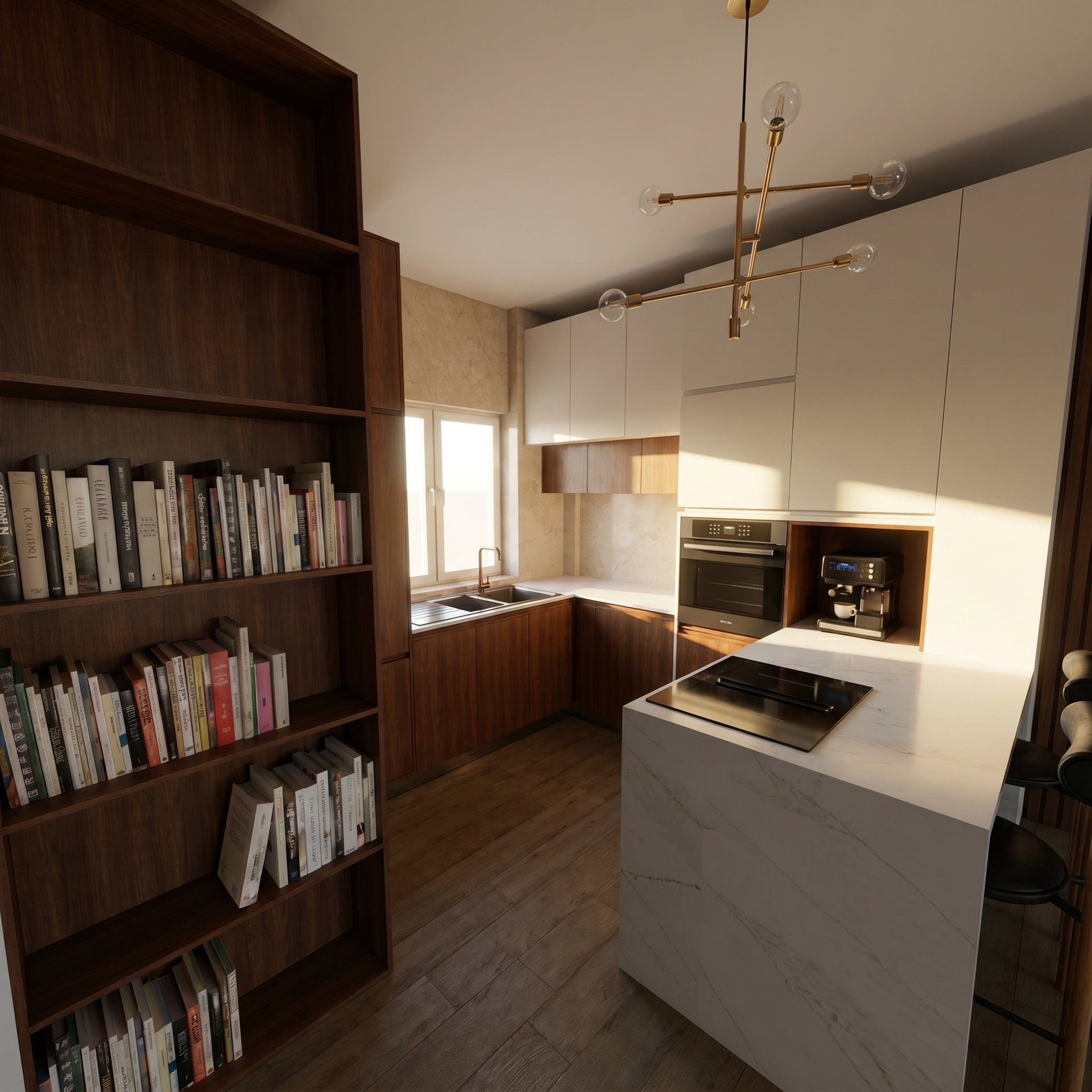 Cozinha com ilha e estante (render 3D)