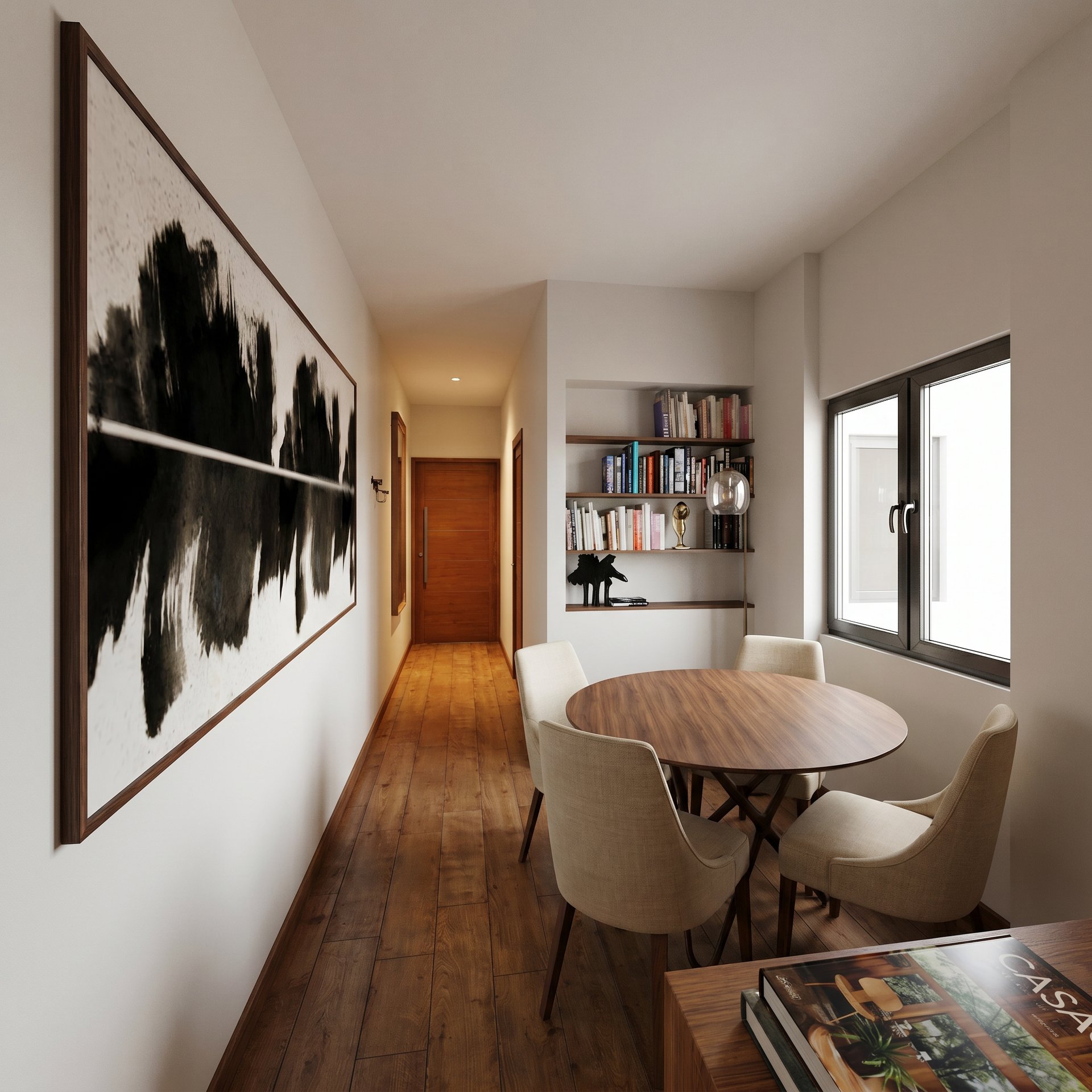 Zona de entrada e sala de jantar (render 3D)