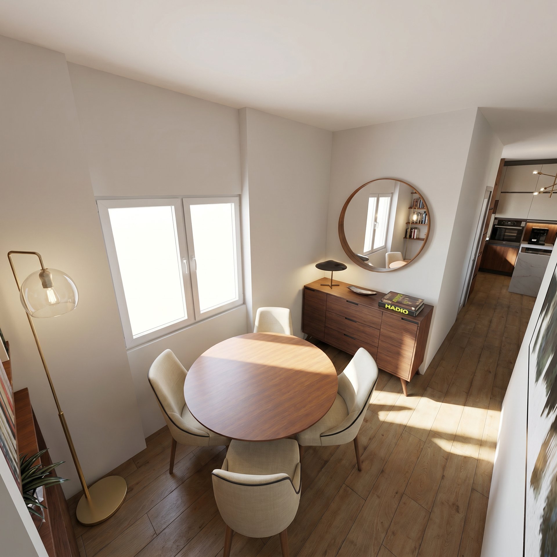 Sala de jantar com vista para a cozinha (render 3D)