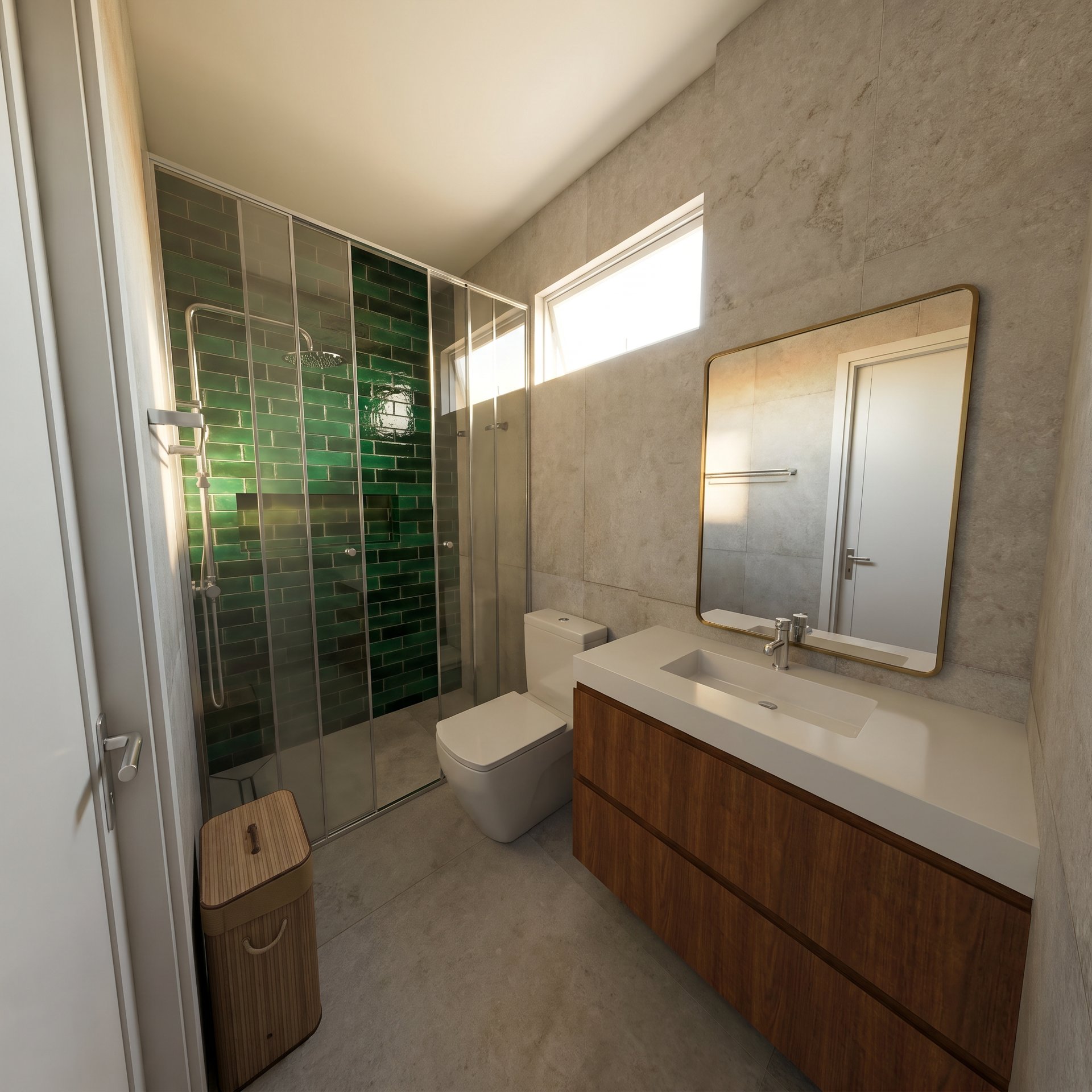 Casa de banho com azulejo verde e nicho LED (render 3D)